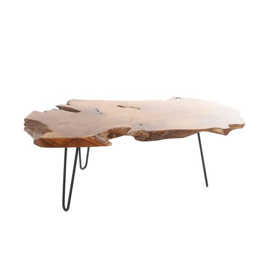 43" Brown Teak Wood Handmade Live Edge Coffee Table with Black Metal Hairpin Legs